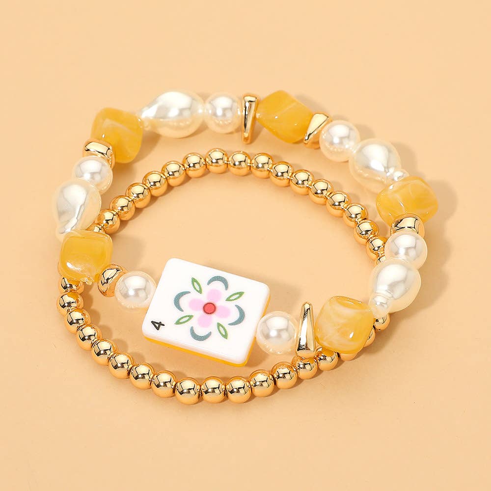 2PCS - Mahjong Tile Pearl Beaded Stretch Multi Layered Bracelets
