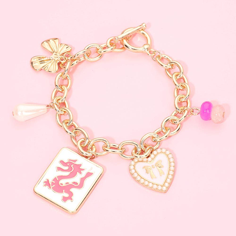 Dragon Mahjong Tile Pearl BOw Heart Charm Station Toggle Bracelet