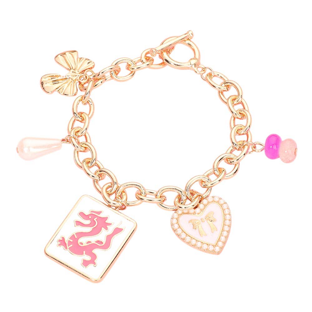 Dragon Mahjong Tile Pearl BOw Heart Charm Station Toggle Bracelet