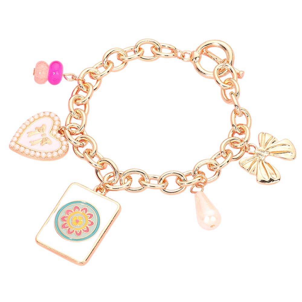 Mahjong Tile Pearl Bow Heart Charm Station Toggle Bracelet