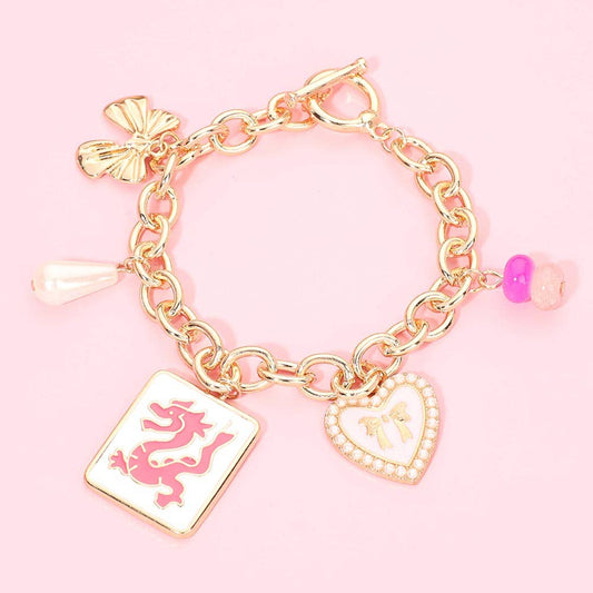 Dragon Mahjong Tile Pearl BOw Heart Charm Station Toggle Bracelet