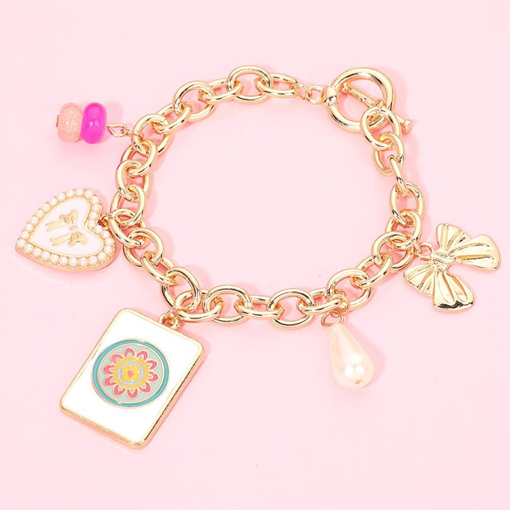 Mahjong Tile Pearl Bow Heart Charm Station Toggle Bracelet