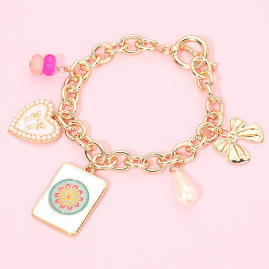 Mahjong Tile Pearl Bow Heart Charm Station Toggle Bracelet
