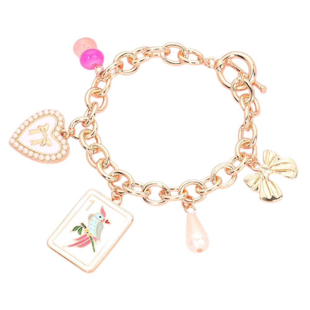 Bird Mahjong Tile Pearl Bow Heart Charm Station Toggle Bracelet