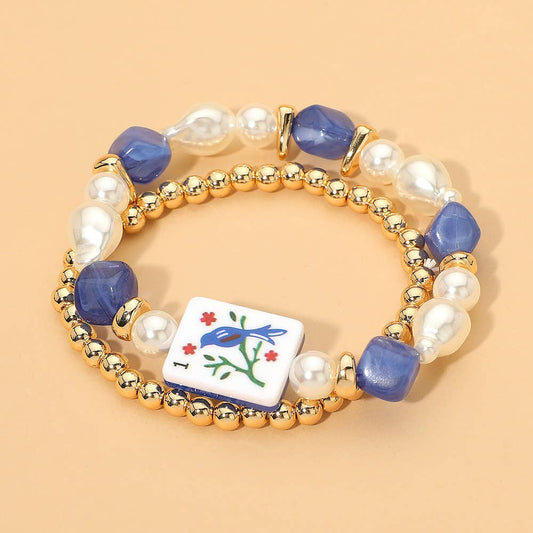 2PCS - Mahjong Tile Pearl Beaded Stretch Multi Layered Bracelets