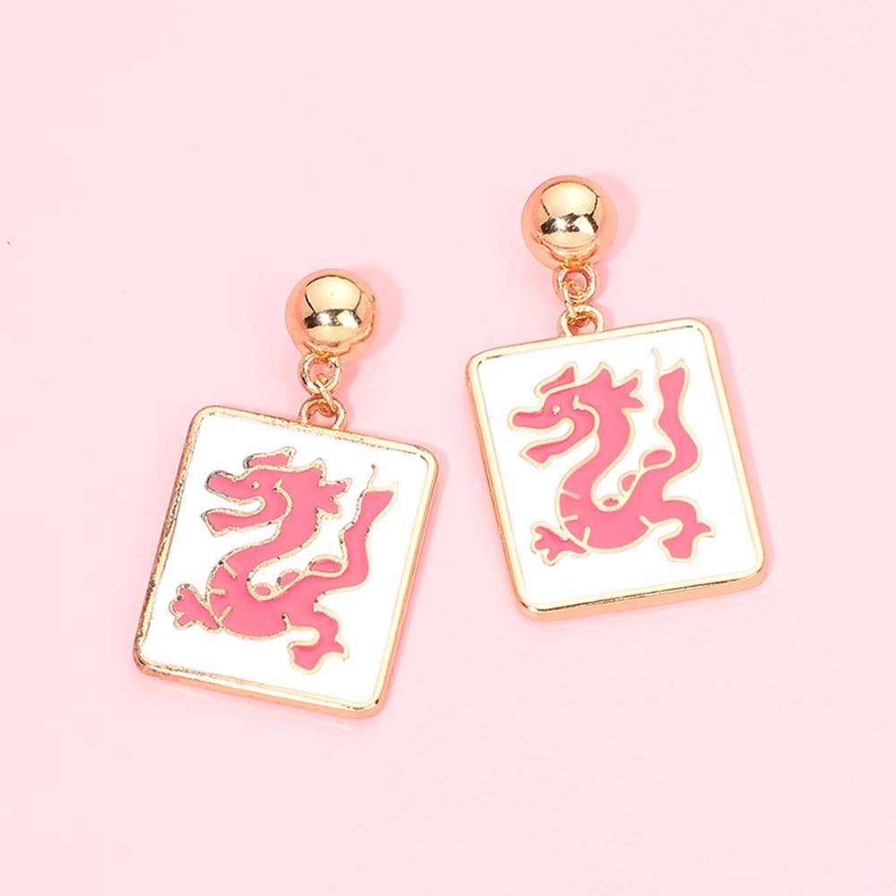 Dragon Mahjong Tile Charm Drop Dangle Earrings