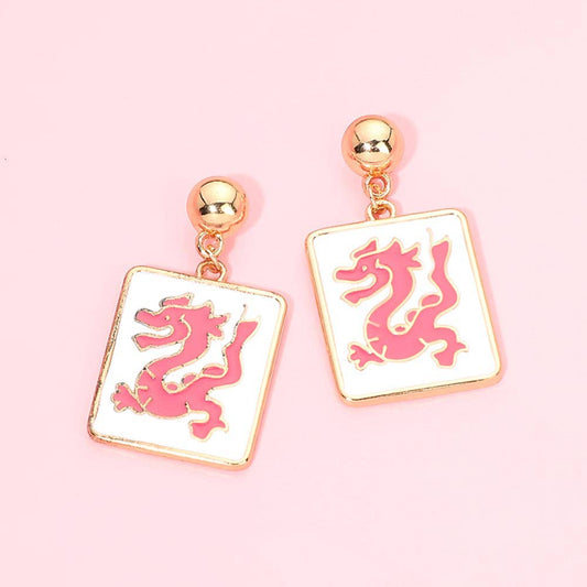 Dragon Mahjong Tile Charm Drop Dangle Earrings