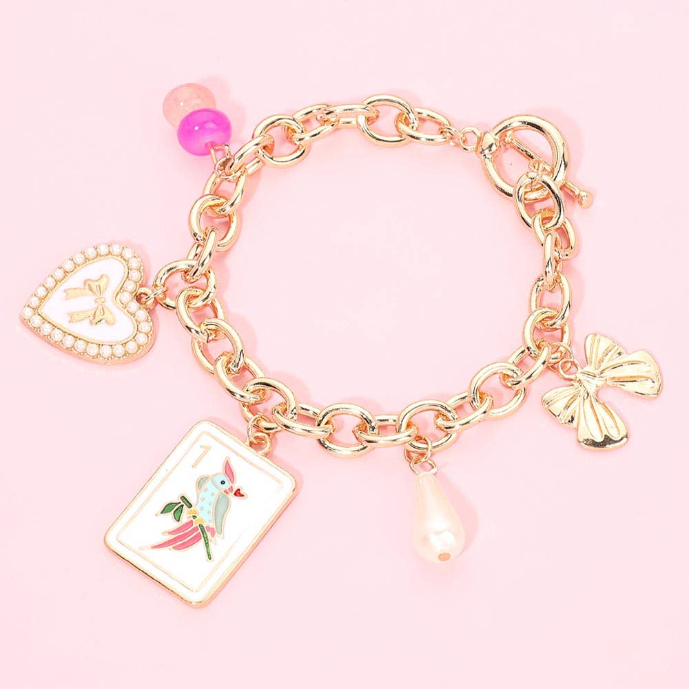 Bird Mahjong Tile Pearl Bow Heart Charm Station Toggle Bracelet